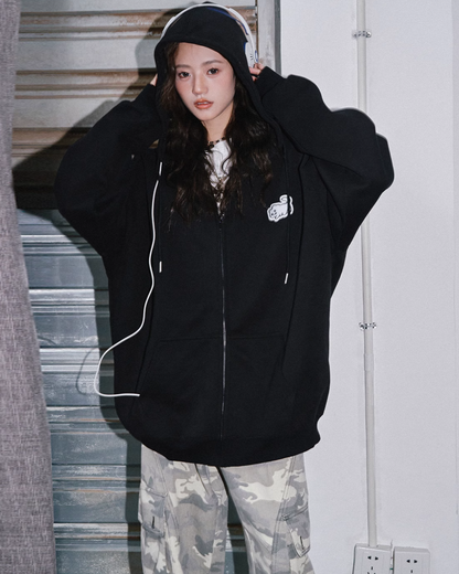 Cat Embroidery Oversized Zip Hoodie C2N0033