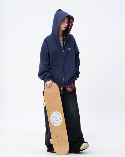 Check Shirt Layered Style Zip Hoodie JUN0005