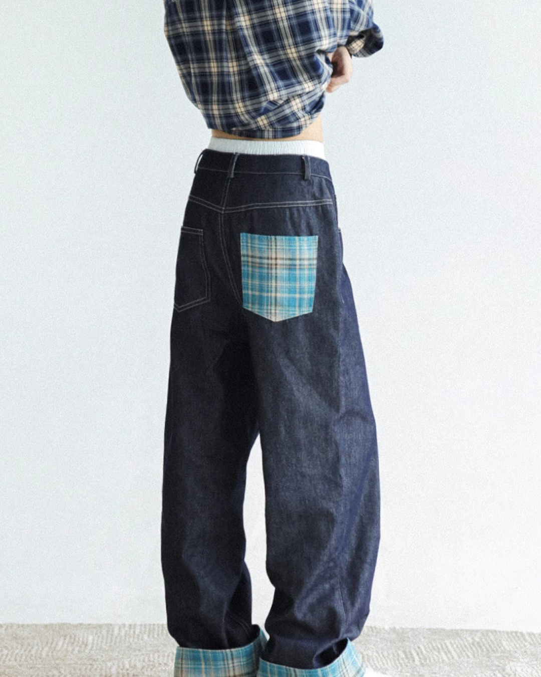 Check Switching Denim Pants C2N0017