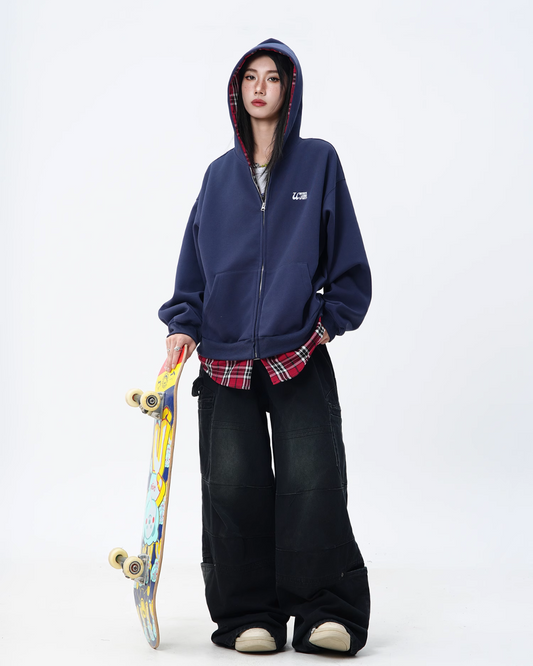 Check Shirt Layered Style Zip Hoodie JUN0005