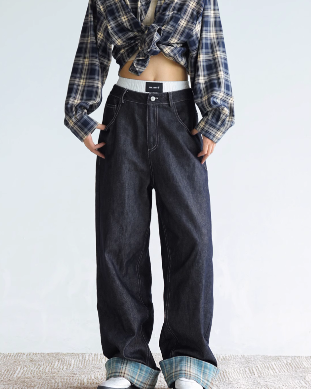 Check Switching Denim Pants C2N0017