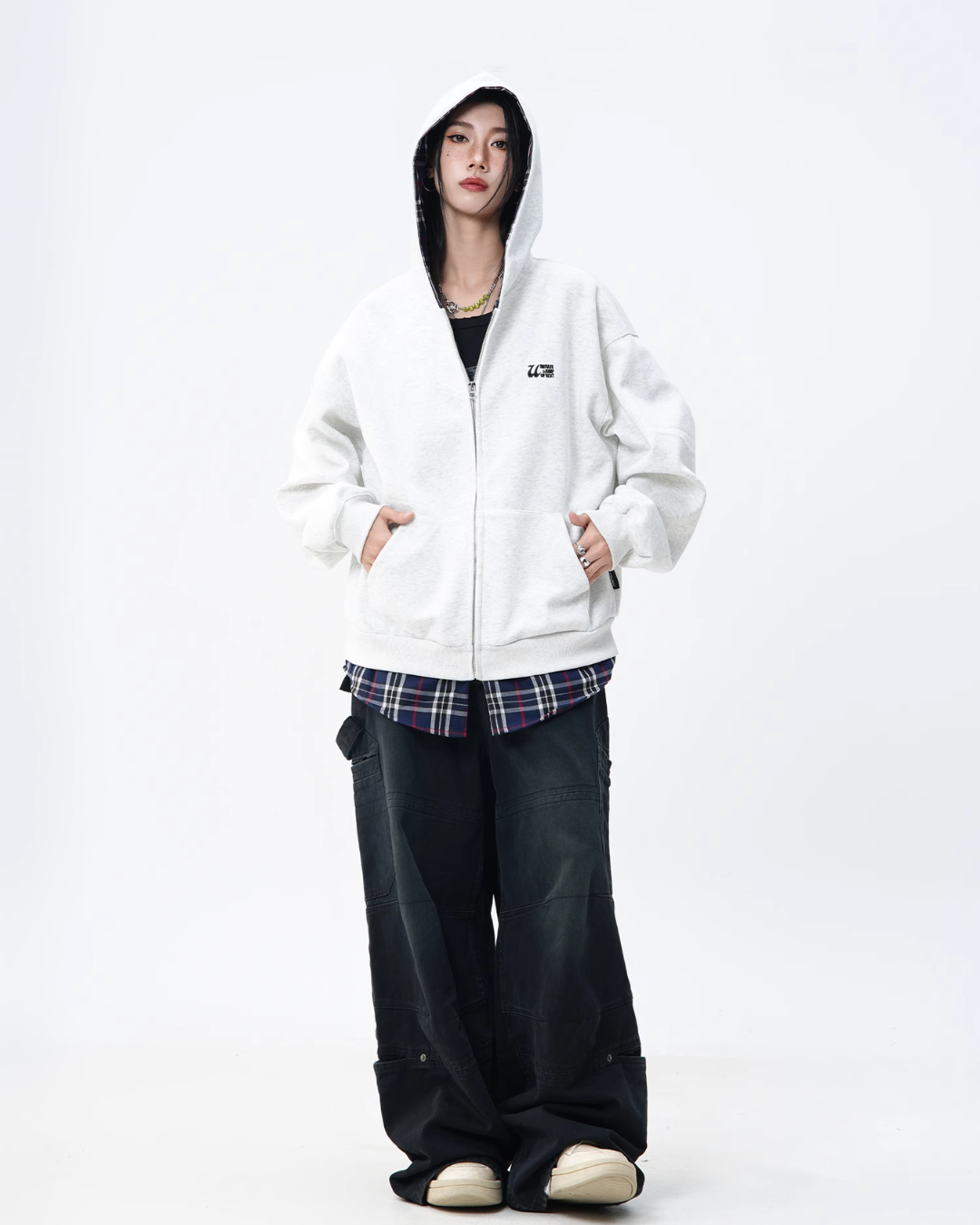 Check Shirt Layered Style Zip Hoodie JUN0005