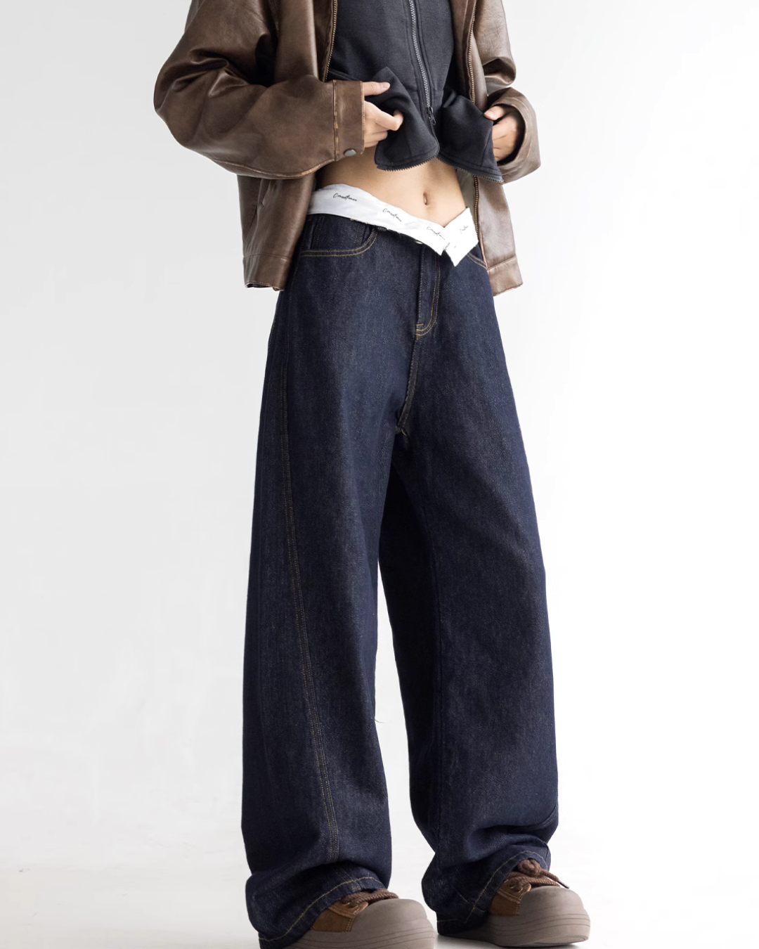 Waist Fold Wide Denim Pants C2N0043