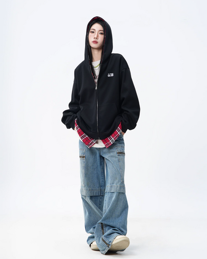 Check Shirt Layered Style Zip Hoodie JUN0005